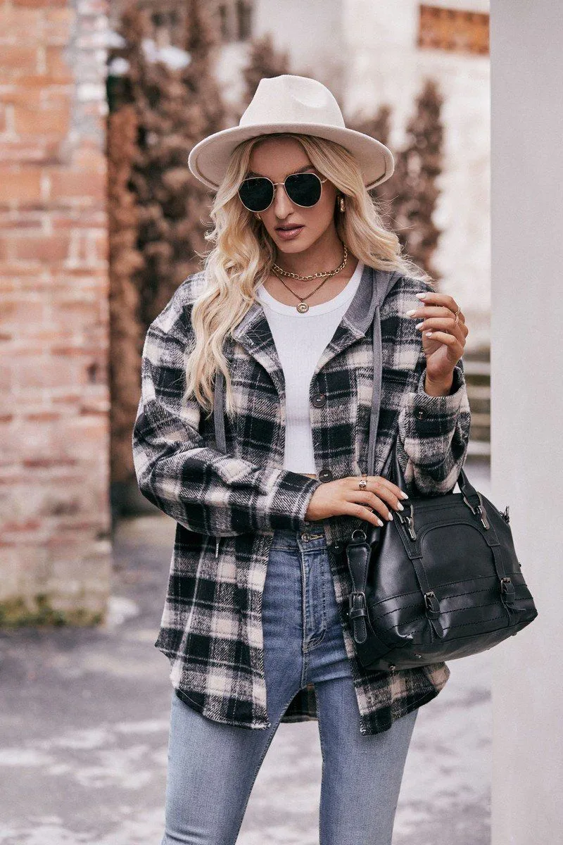 Classic Tank Eco Friendly Dye WOMEN FLANNEL PLAID HOODIE SHACKET