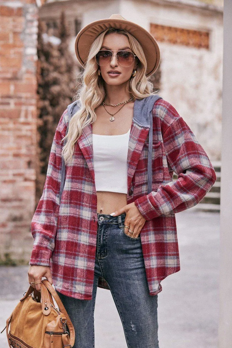 WOMEN FLANNEL PLAID HOODIE SHACKET V Neck Design HypoallergenicFabric