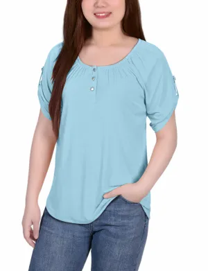 Active Tee Wide Shoulder Cut Short Sleeve Round Neck Henley Top