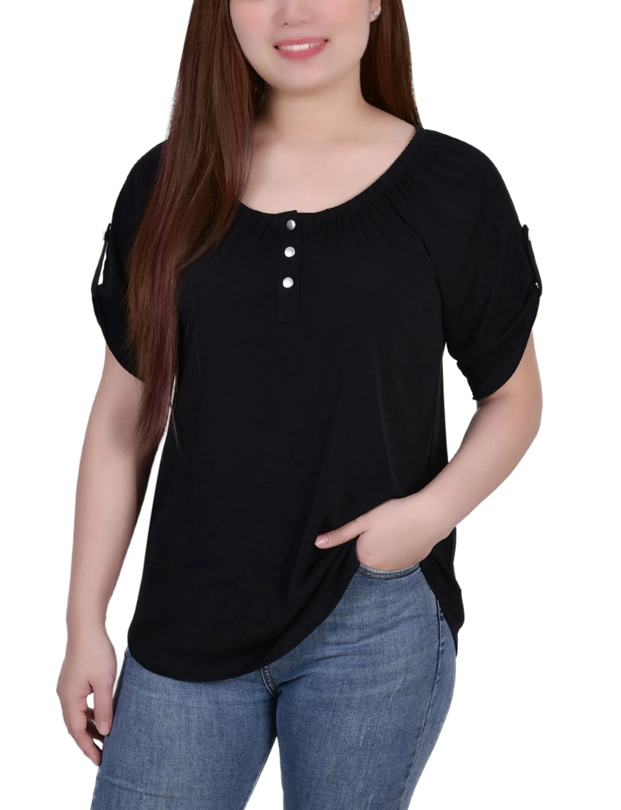 Short Sleeve Round Neck Henley Top Eco Dye Process