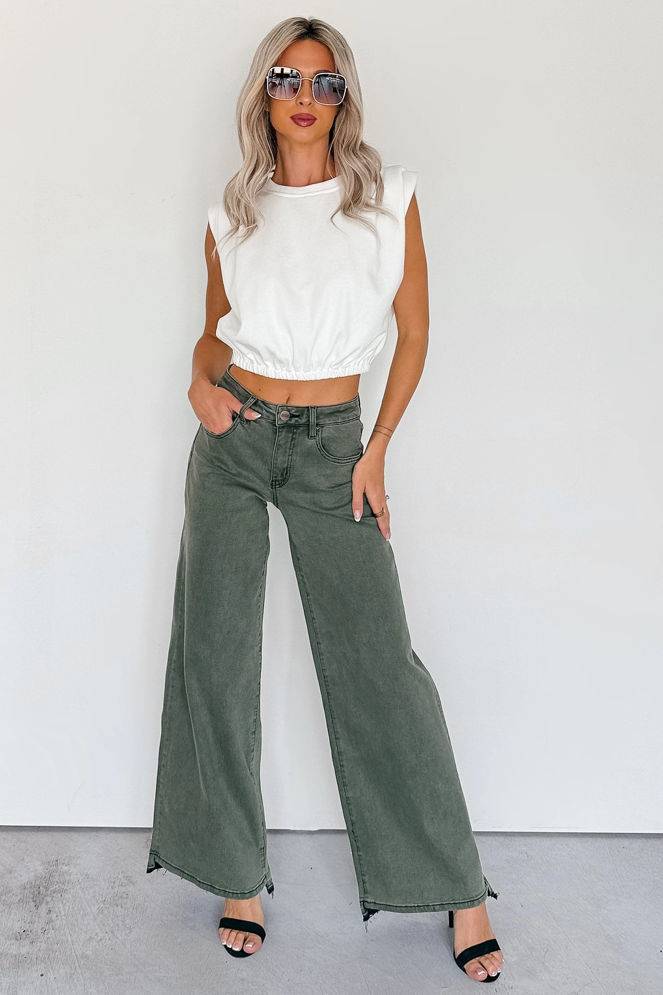 Breathable Tank Antimicrobial Finish Valencia High Rise Wide Leg Mica Denim Jeans (Dark Green)
