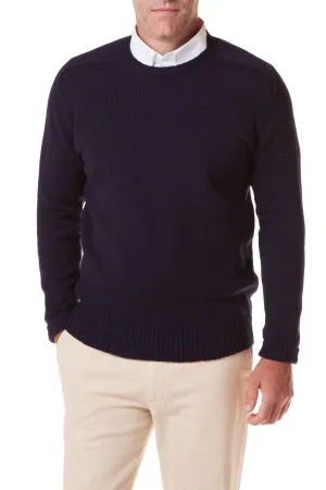 Scottish Shetland Crew Neck Sweater Dark Navy Rolled Hem Finish