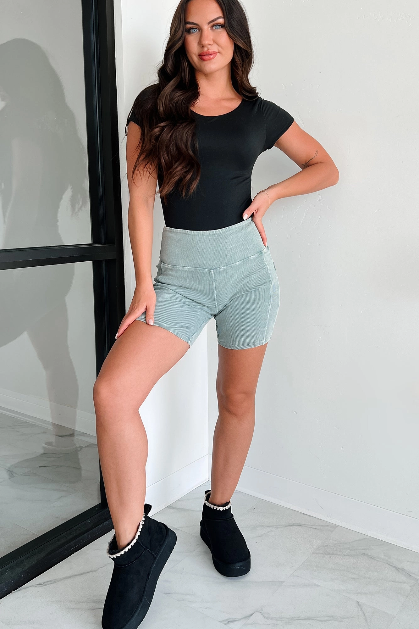 Staying In My Lane Ribbed Biker Short (Sage) Active Comfort Relax Fit Wear