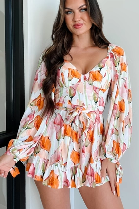 Loose Blouse Stem-sational Floral Romper (White/Peach Multi)