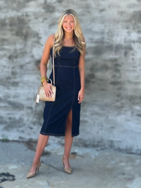 Steve Madden Giselle Dress in Denim Breathable Tank Ribbed Hem