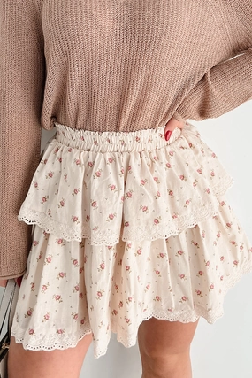 Stitched With A Story Floral Ruffle Mini Skirt (Cream/Multi) ErgonomicArticulatedDesign Supportive Fit