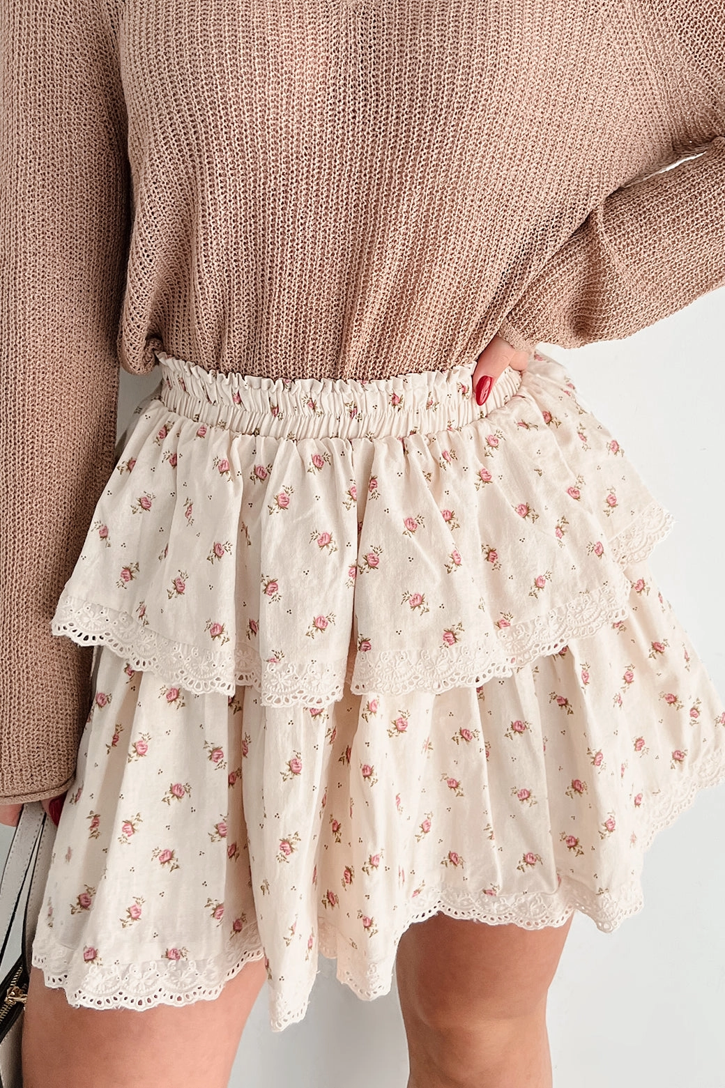 Stitched With A Story Floral Ruffle Mini Skirt (Cream/Multi) ErgonomicArticulatedDesign Supportive Fit