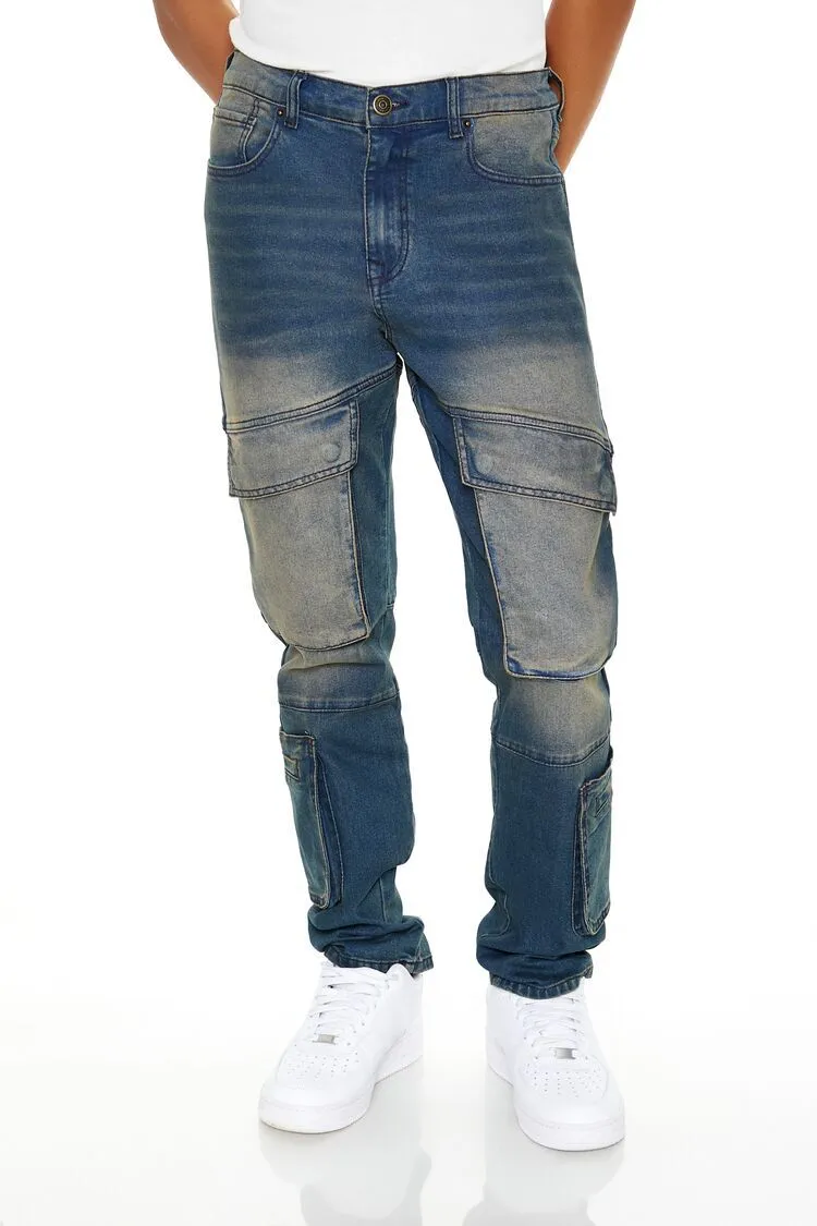 Stone Wash Slim-Fit Cargo Jeans