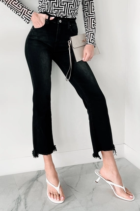 Stormy Weather Risen Black Washed Cropped Frayed Bootcut Jeans (Black) Placket Detailing