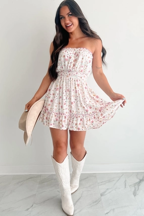 Chill Moment Versatile Comfort Melt Into Me Strapless Floral Mini Dress (Pink Multi)