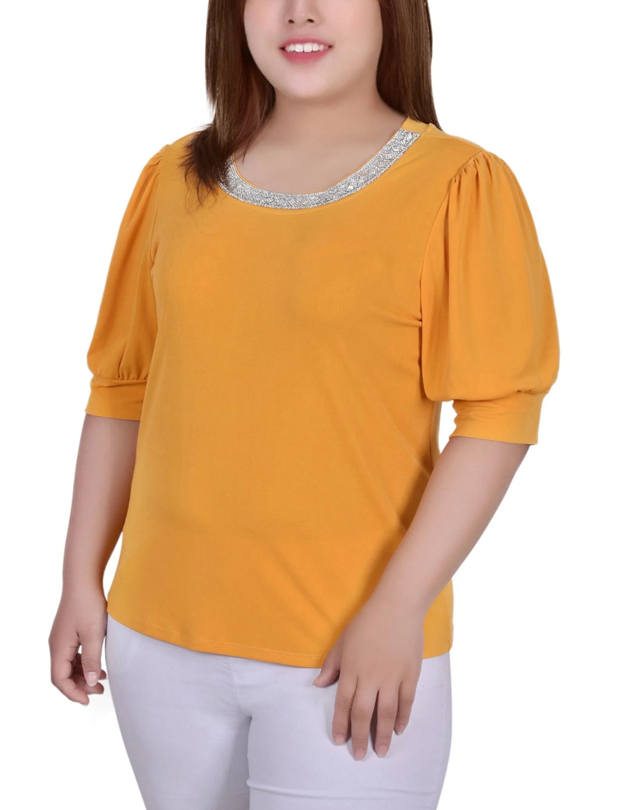 Fashionable Look Plus Size Short Beaded Puff Sleeve Top