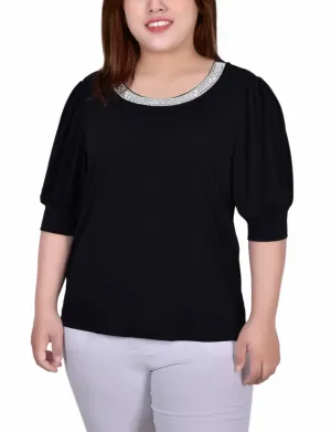 Wind Resistant Fabric ThermalRegulating Fabric Plus Size Short Beaded Puff Sleeve Top