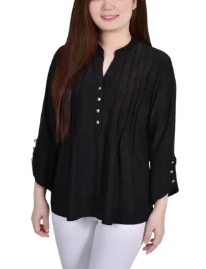 Moisture Management Roll Up Sleeve Design Petite 3/4 Sleeve Overlapped Bell Sleeve Y Neck Top