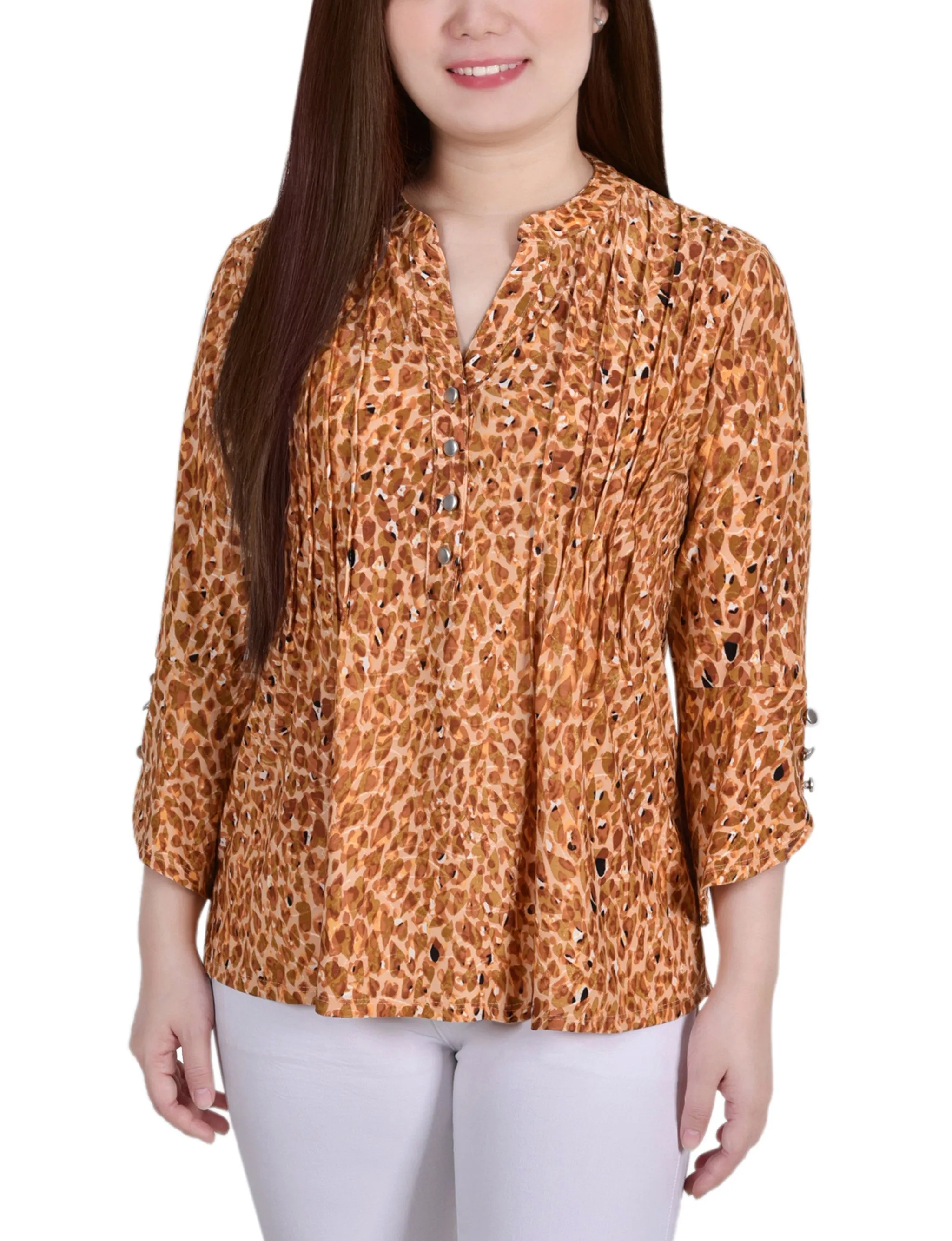 Petite 3/4 Sleeve Overlapped Bell Sleeve Y Neck Top Quick Release Fastener OdorResistantTechnology