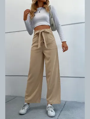 WOMEN STRAIGHT LEG FRONT TIED LONG CASUAL PANTS Durable Hemming Hidden pockets