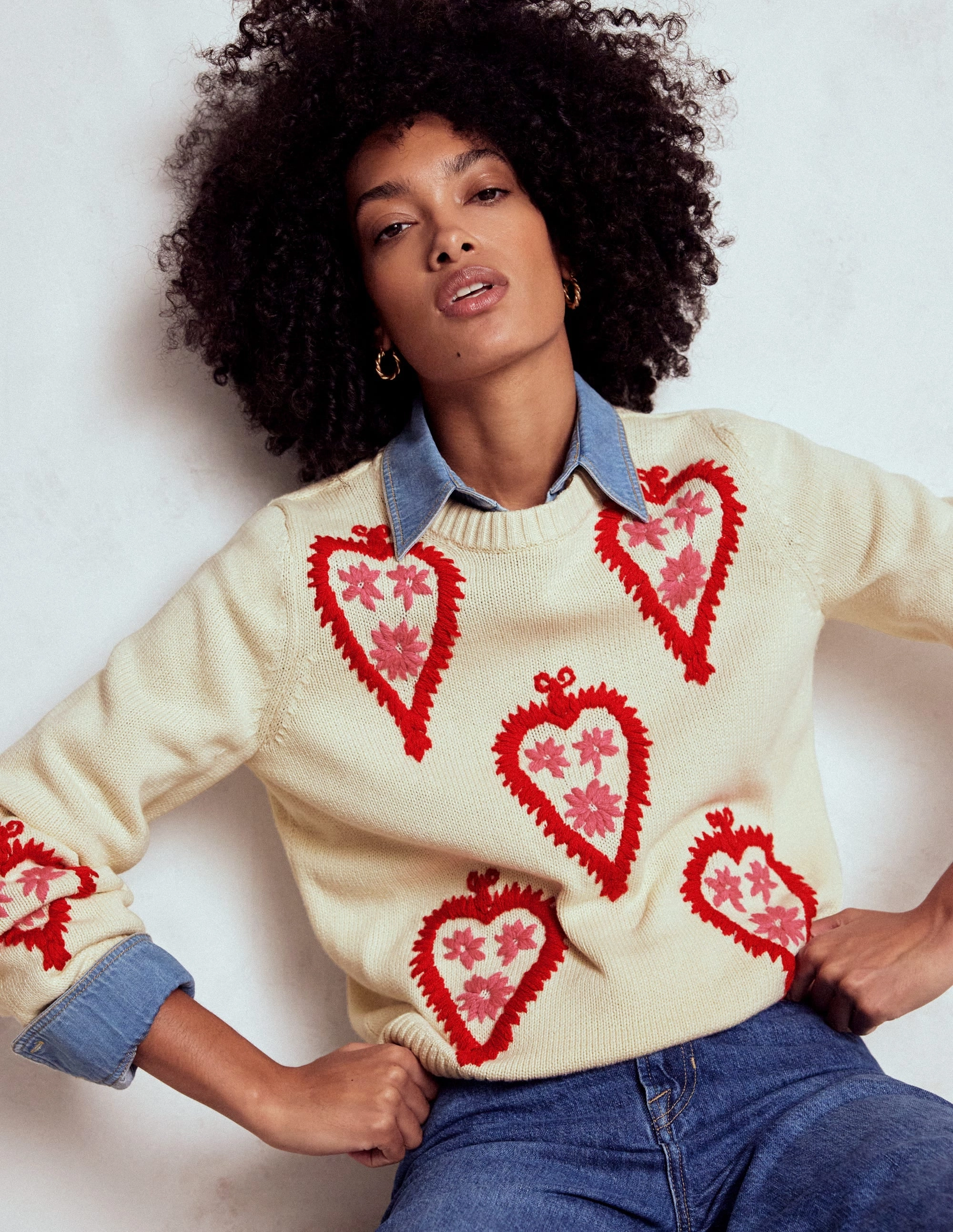 Graphic Embroidered Jumper-Warm Ivory, Hearts Classic Ready