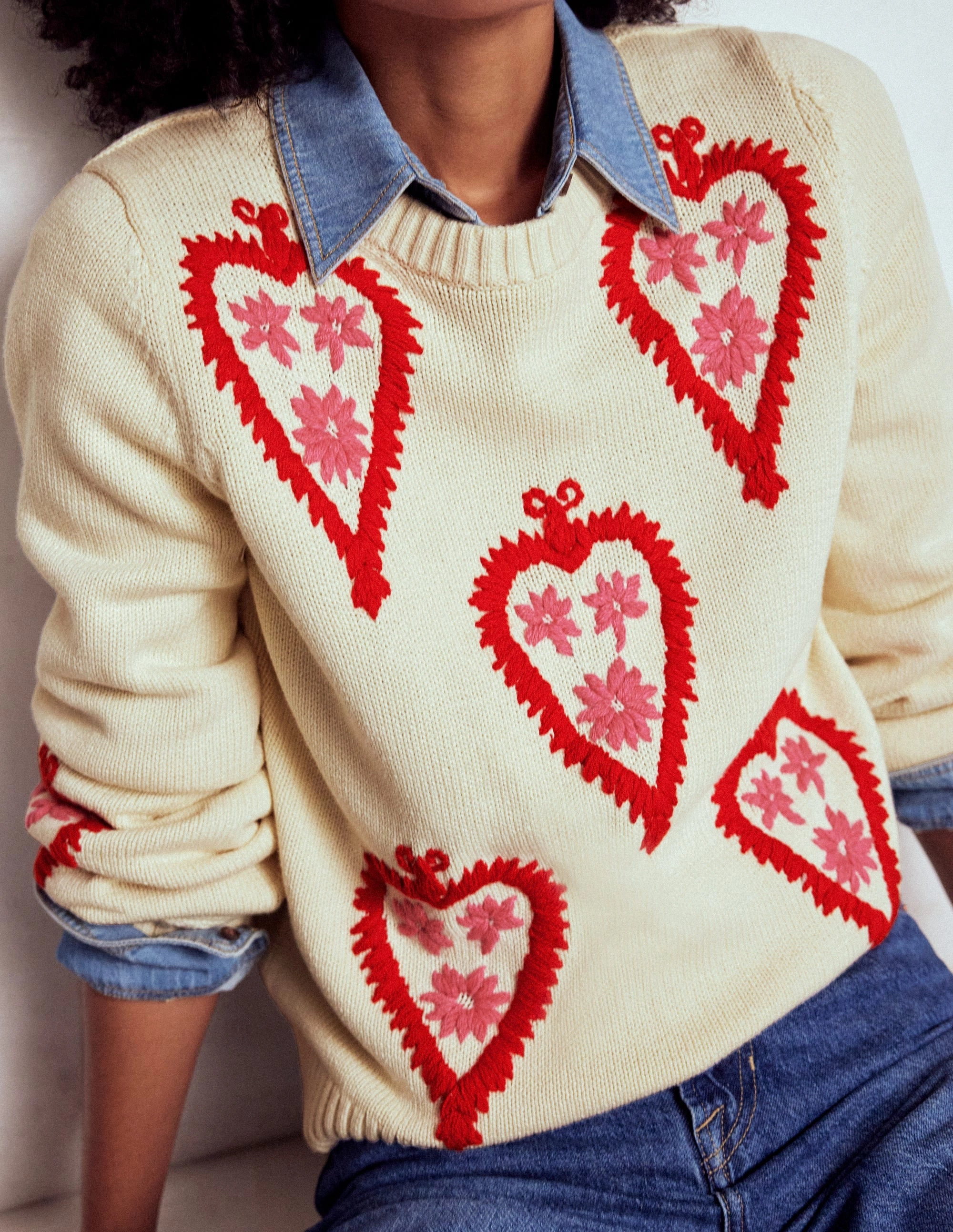 Graphic Embroidered Jumper-Warm Ivory, Hearts Butter Soft Finishing Fall Wardrobe