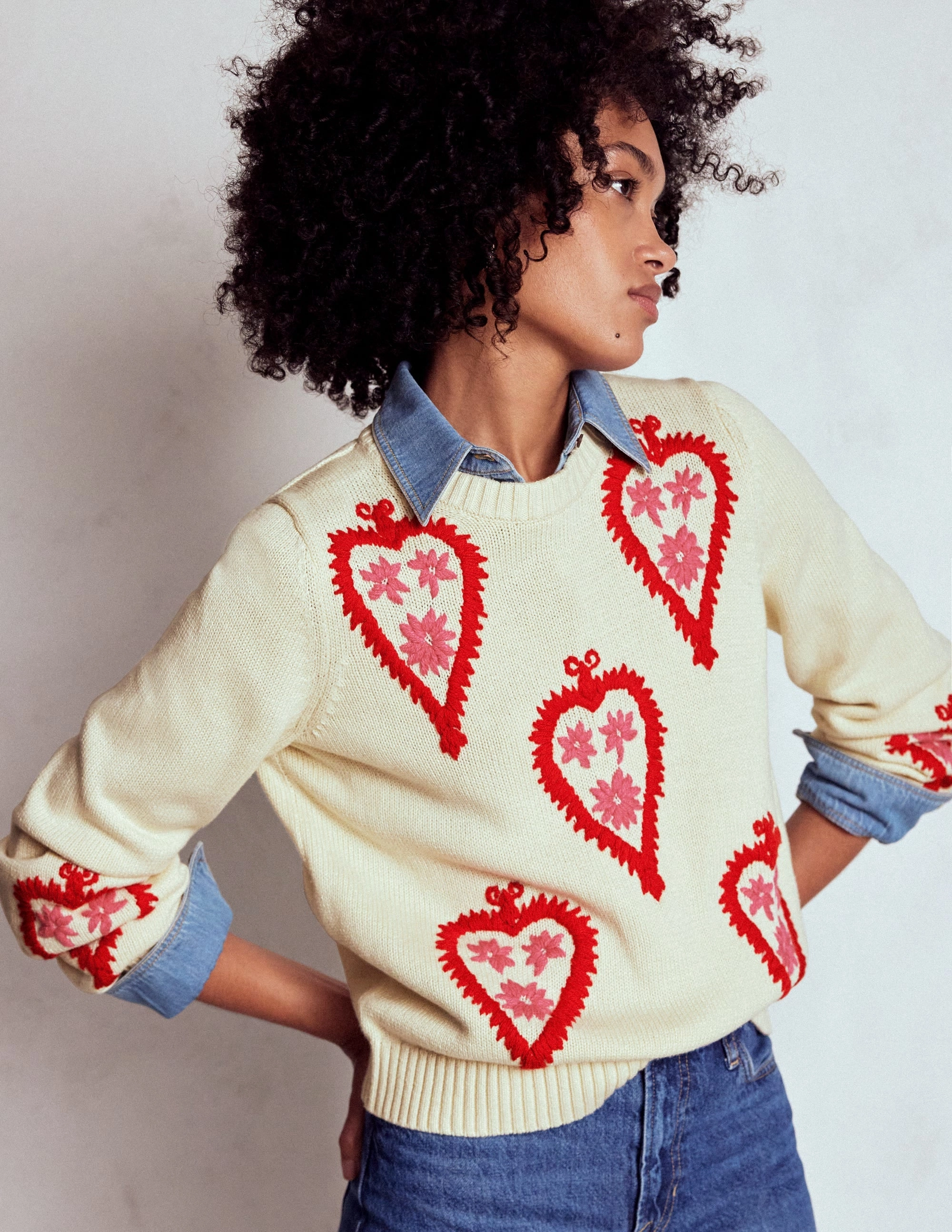 Graphic Embroidered Jumper-Warm Ivory, Hearts Stylish Comfort
