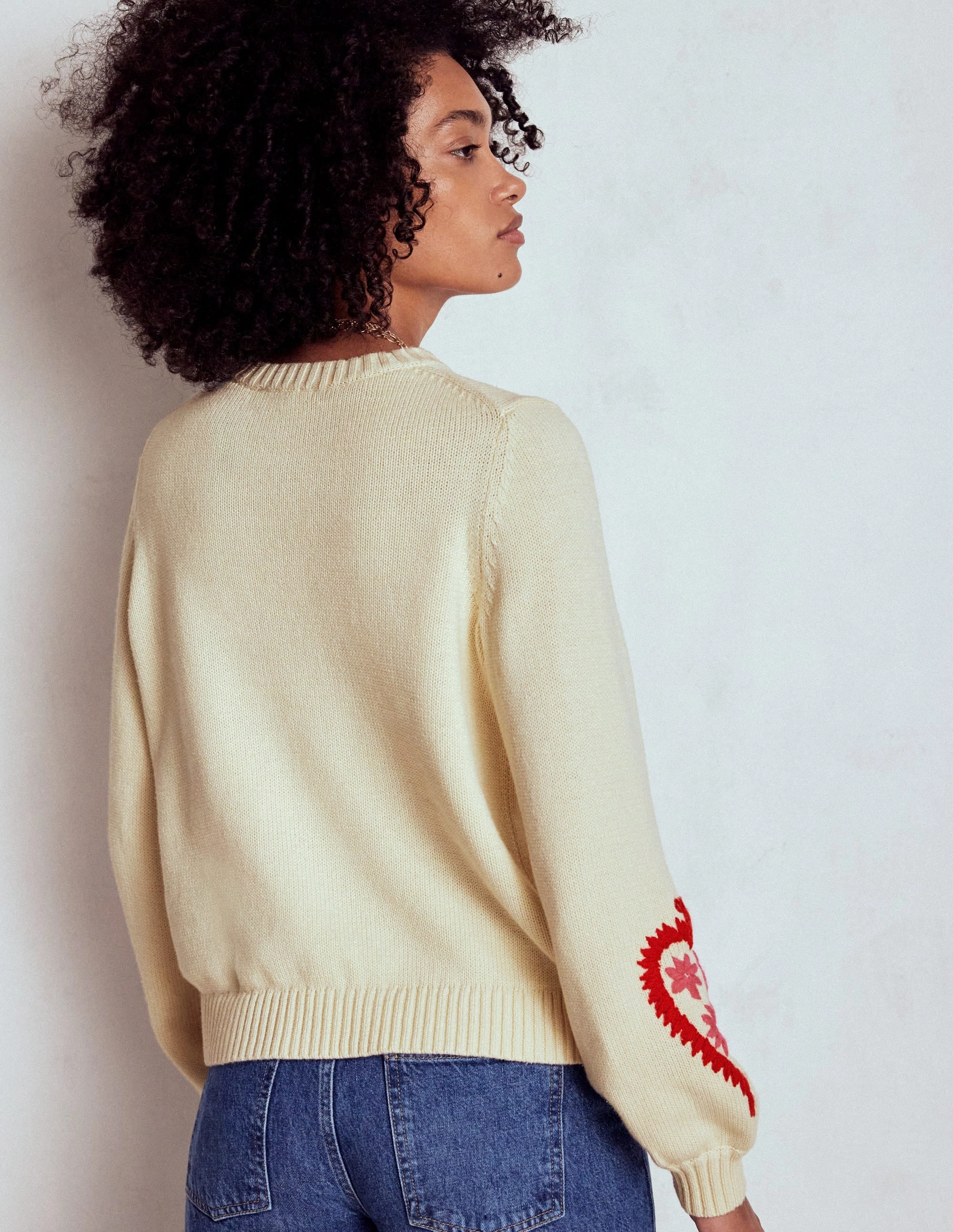 Home Casual Graphic Embroidered Jumper-Warm Ivory, Hearts
