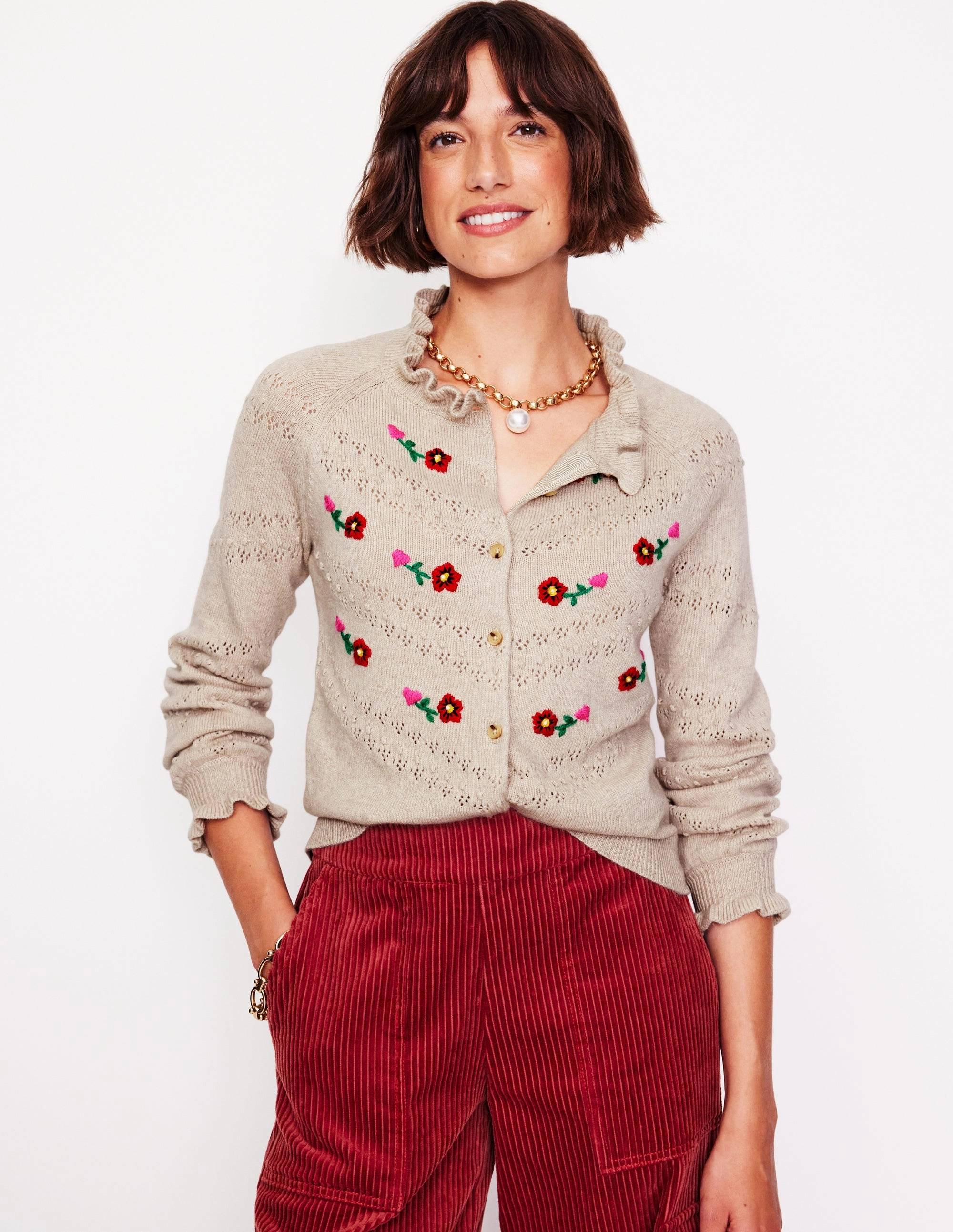 Recycled Fiber Leisure Look Fae Embroidered Cardigan-Oatmeal Melange