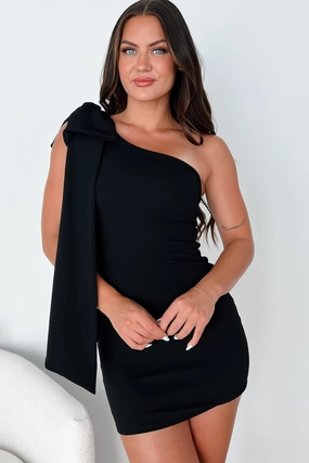 Loose Sweater Supermodel Status One Shoulder Mini Dress (Black)