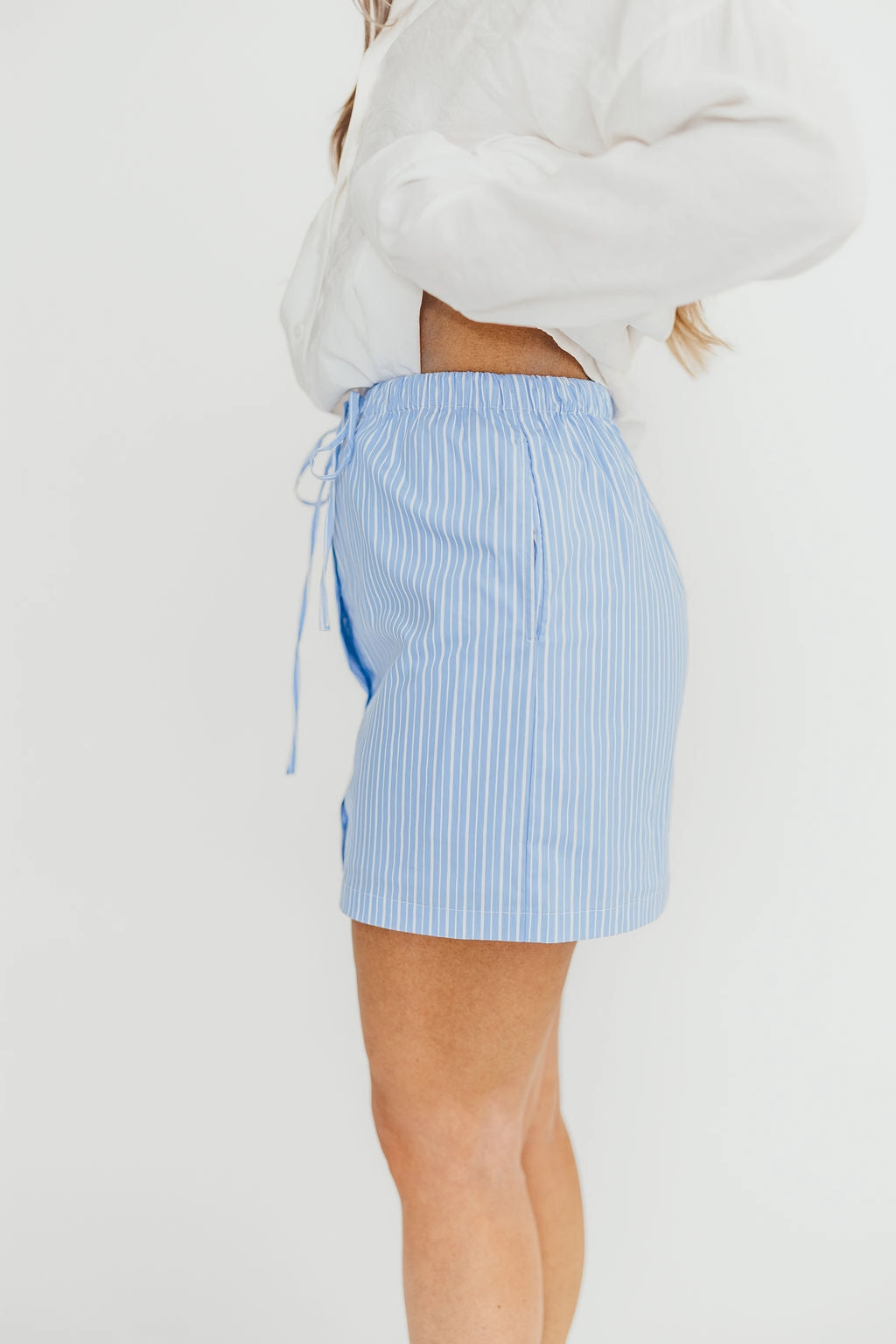 Sia Striped Poplin Drawstring Skort in Light Blue *Final-Sale* Ultra Soft Waistband clean look