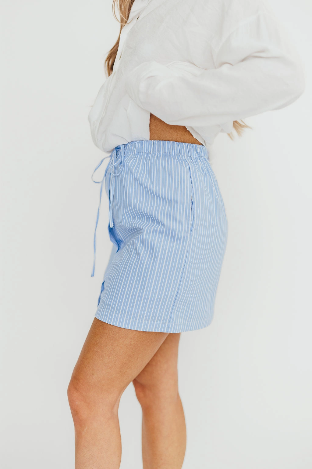 Sia Striped Poplin Drawstring Skort in Light Blue *Final-Sale* Adjustable drawstring surfing gear