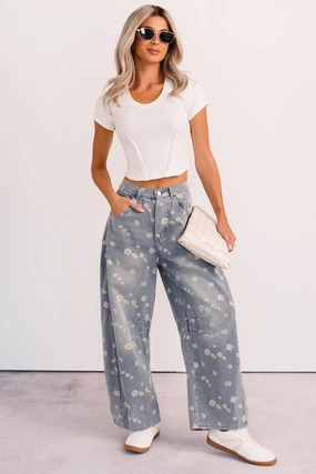 Quick Dry Material MultiPocket Rae Floral Stripe Wide Leg Barrel Jeans (Denim)