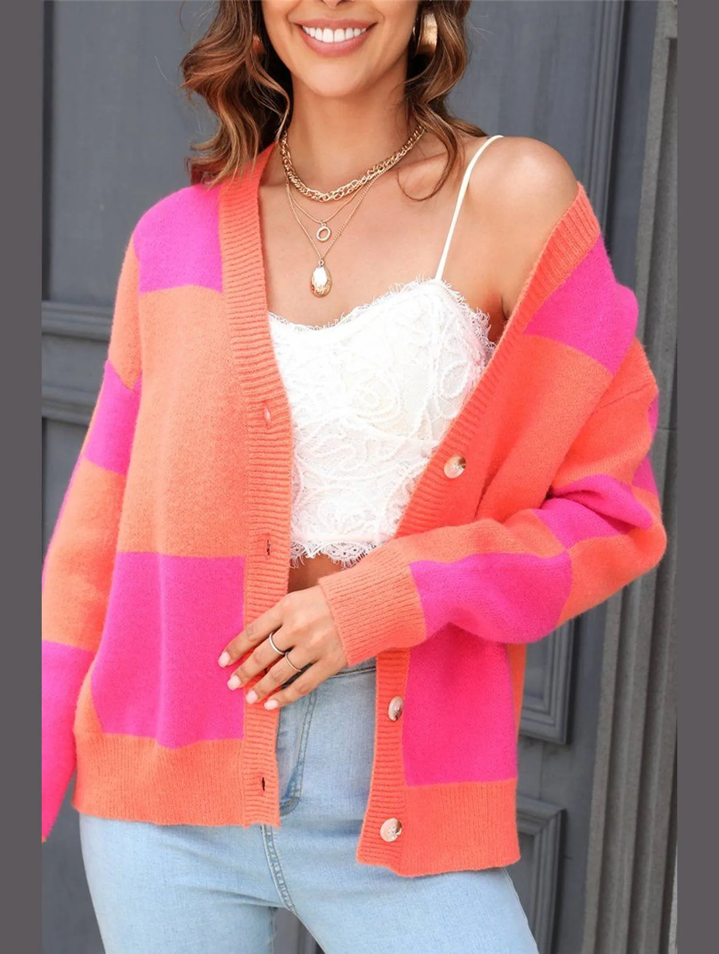 WOMEN PLAID COLOR BLOCK BUTTON UP CARDIGAN MoistureWicking Non Chafing Edges