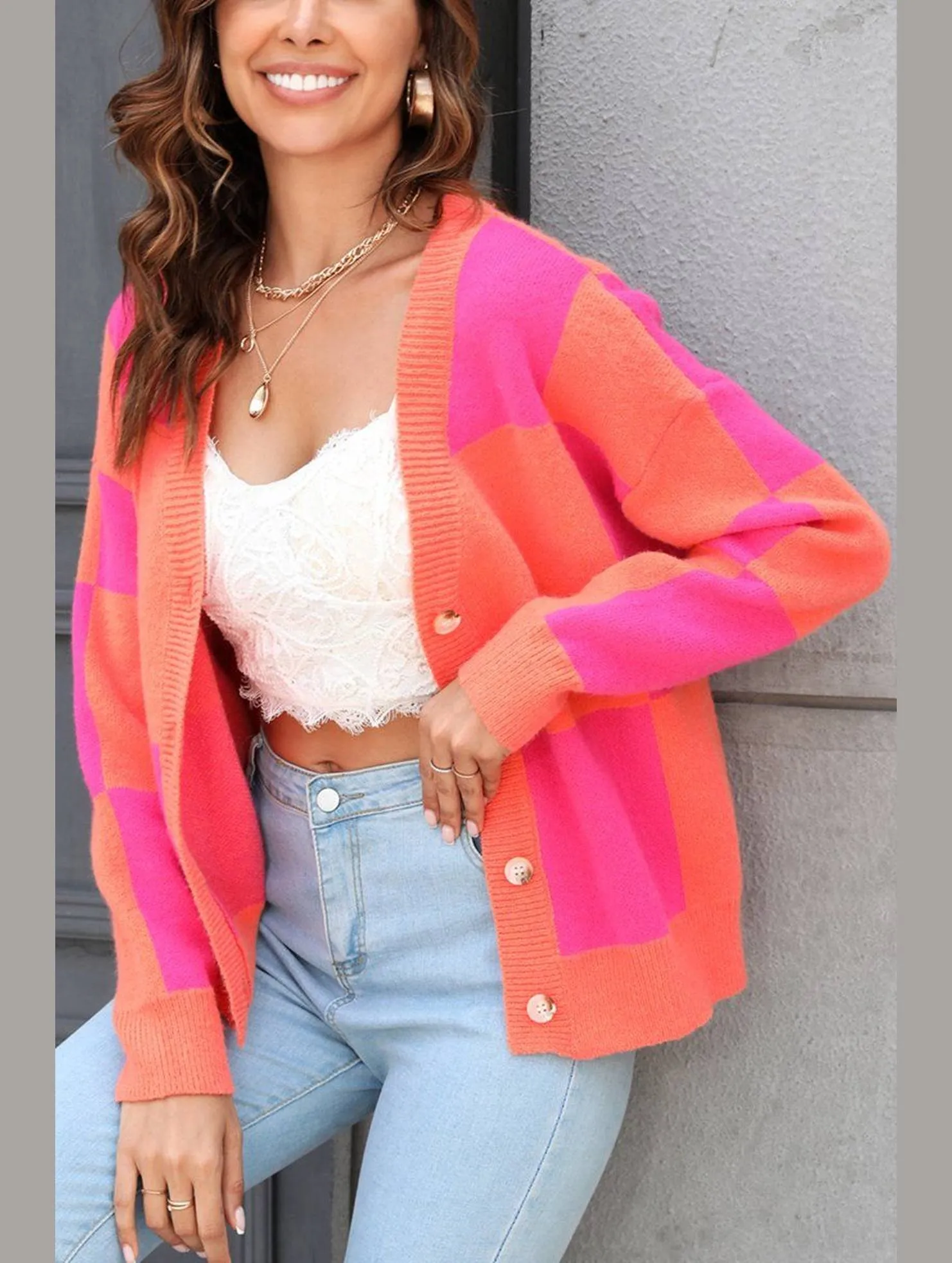 Hidden Ventilation Zones Durable Overlock Stitch WOMEN PLAID COLOR BLOCK BUTTON UP CARDIGAN