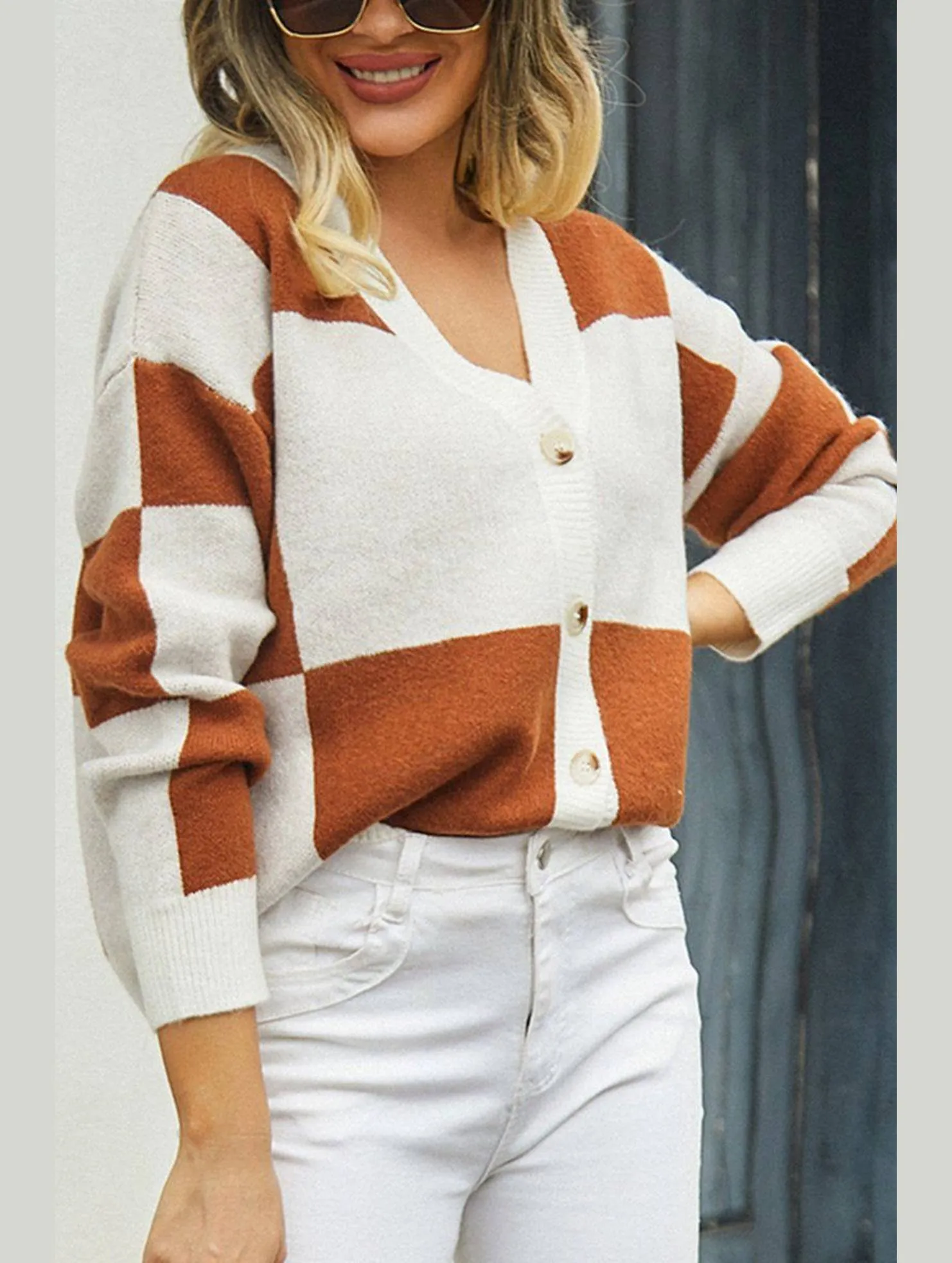 WOMEN PLAID COLOR BLOCK BUTTON UP CARDIGAN GarmentWashed Softness