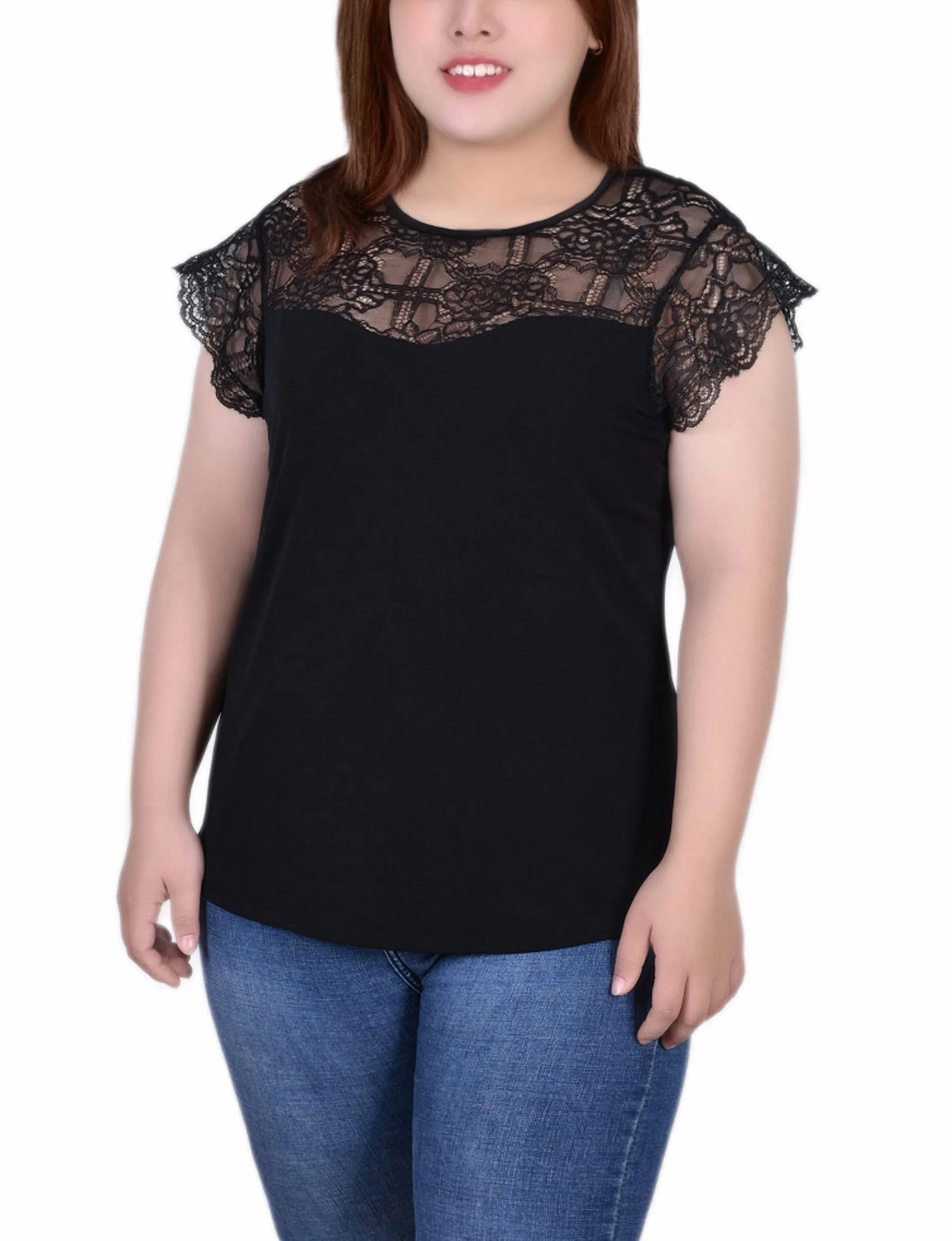 Plus Size Crepe Knit Top With Lace Flanged Sleeve and Yoke AdjustableHem