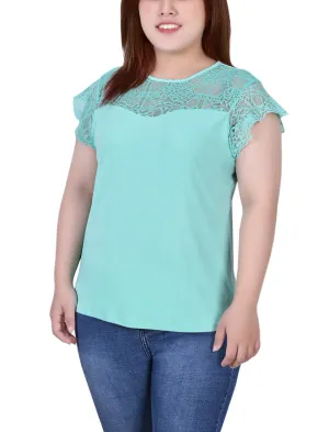 Anti Pill Finish Plus Size Crepe Knit Top With Lace Flanged Sleeve and Yoke