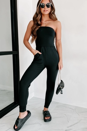 Addicted To Traveling Strapless Jumpsuit (Black) NonRestrictive Cut