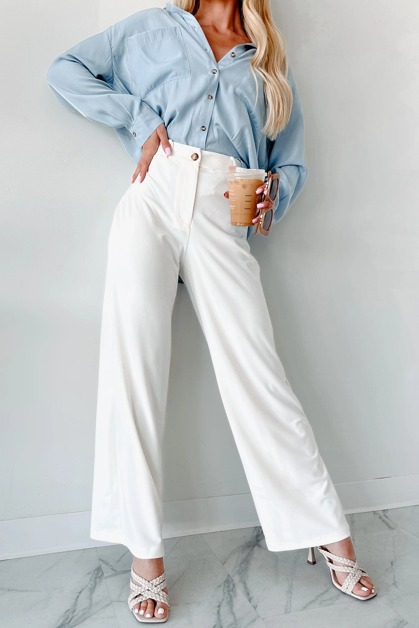 Comfortable Fabric Working Together Wide Leg Pants (Off White)