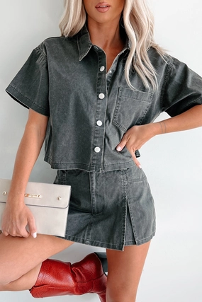 LowMaintenance DualLayer Weave Tory Boxy Denim Button-Up Shirt (Washed Grey)