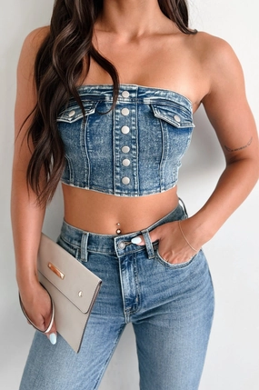 Comfortable Collar I'd Stare Too Strapless Denim Top (Medium Denim)