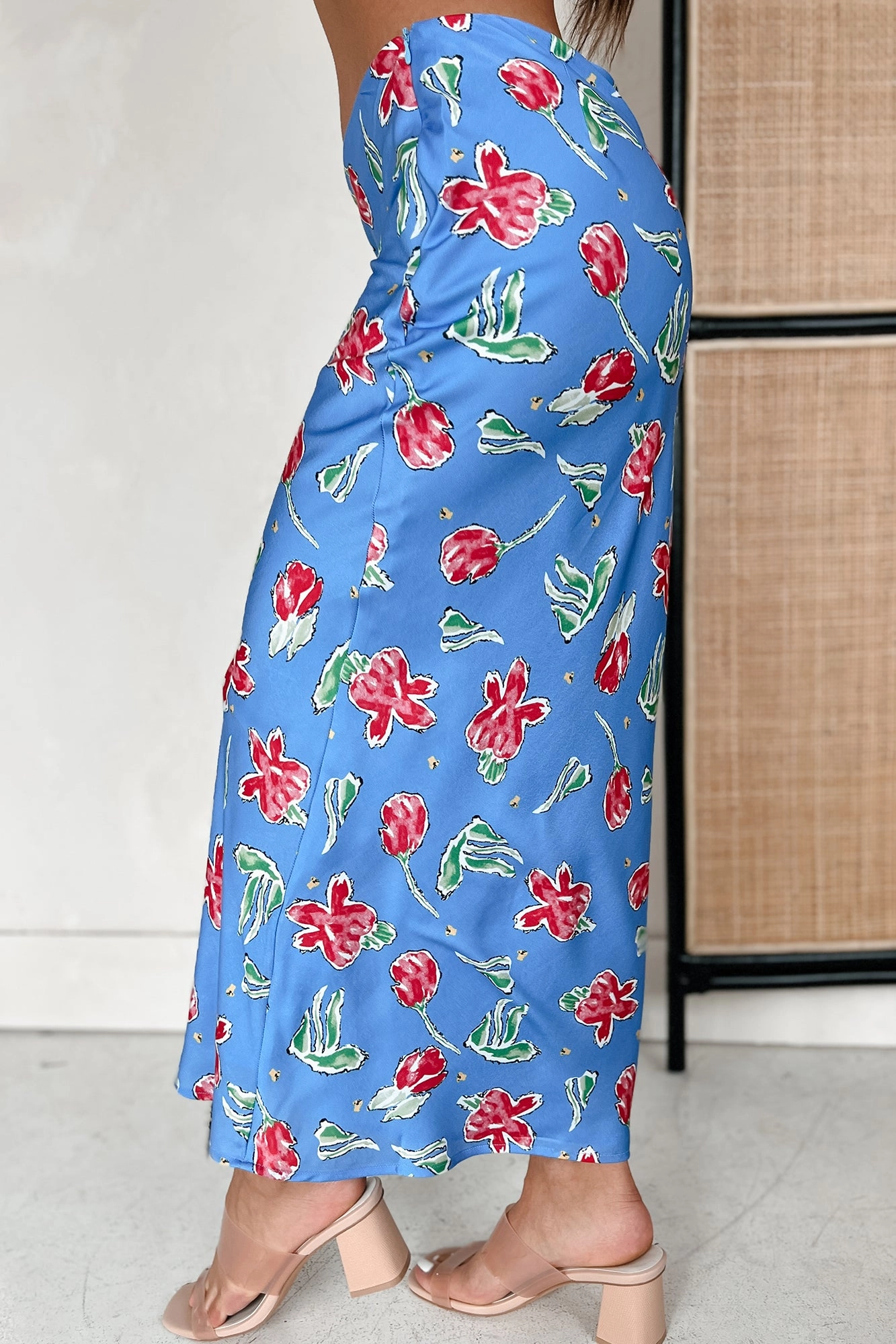 Feeling Flowerful Satin Floral Midi Skirt (Blue) Stylish Comfort