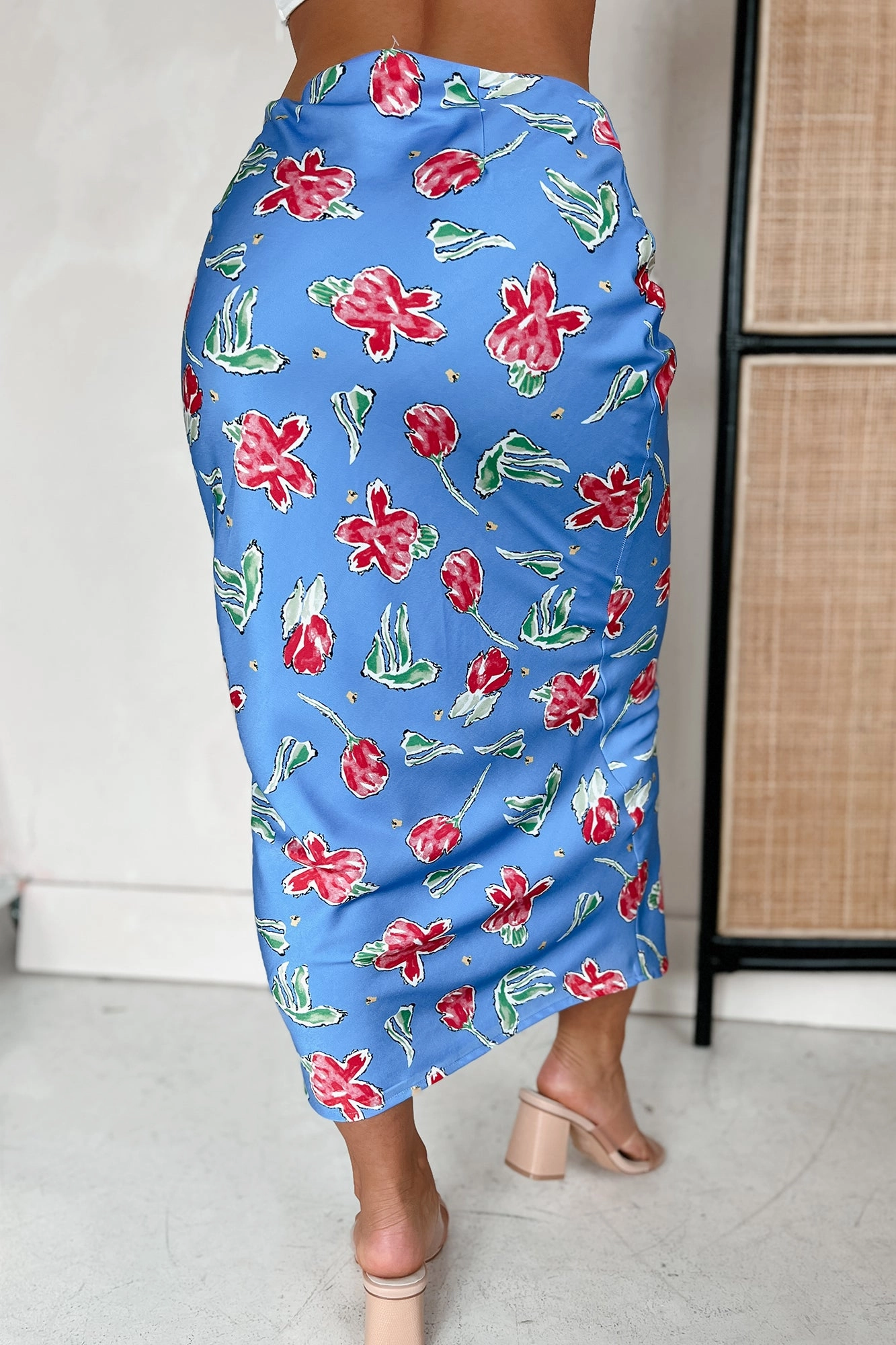 Feeling Flowerful Satin Floral Midi Skirt (Blue) Layered Style