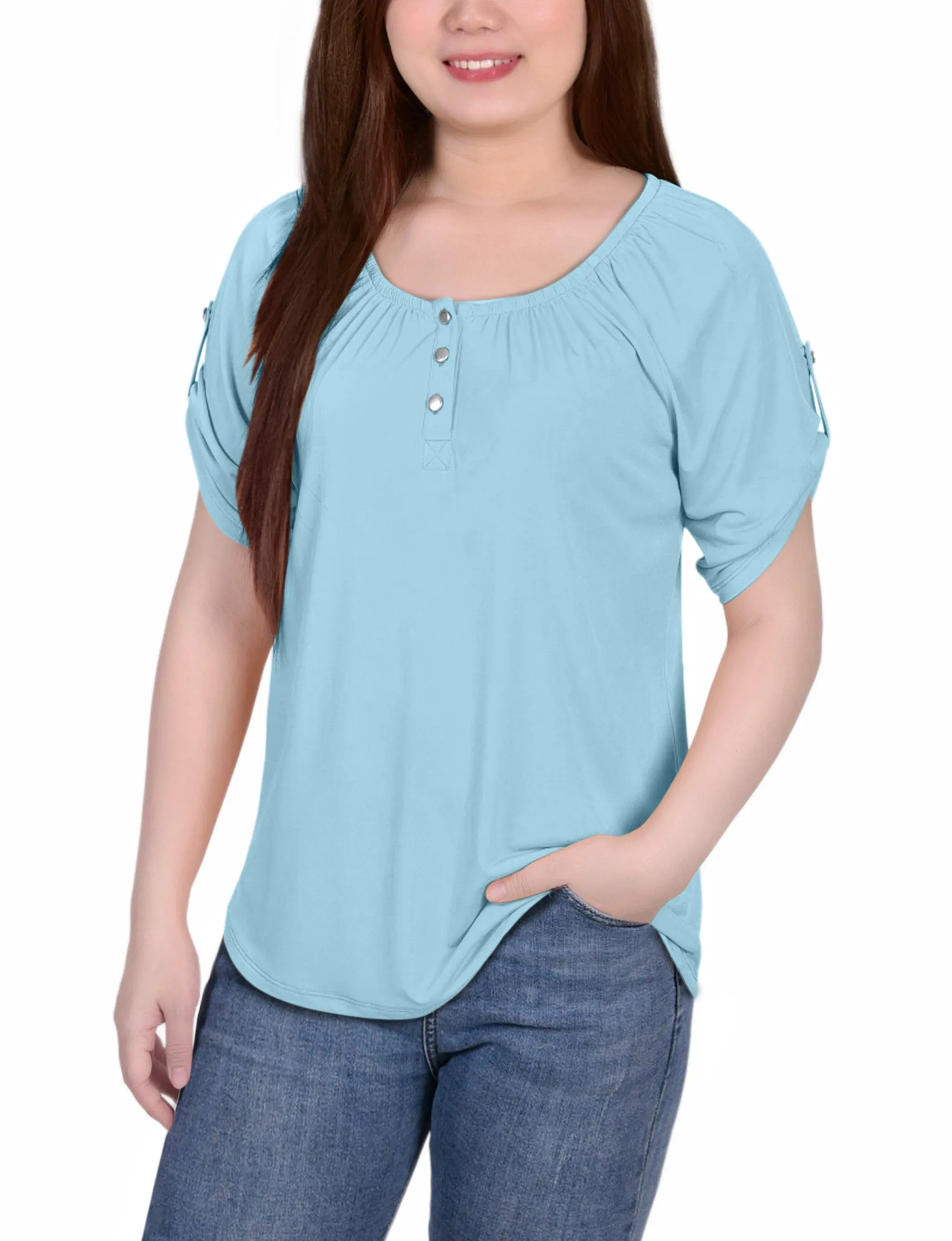 Multi Directional Zipper Placement Street Style Petite Short Sleeve Round Neck Henley Top