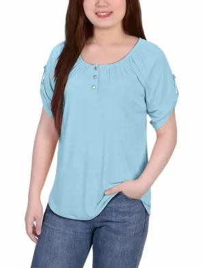 Stretch Comfort Active Wear Petite Short Sleeve Round Neck Henley Top