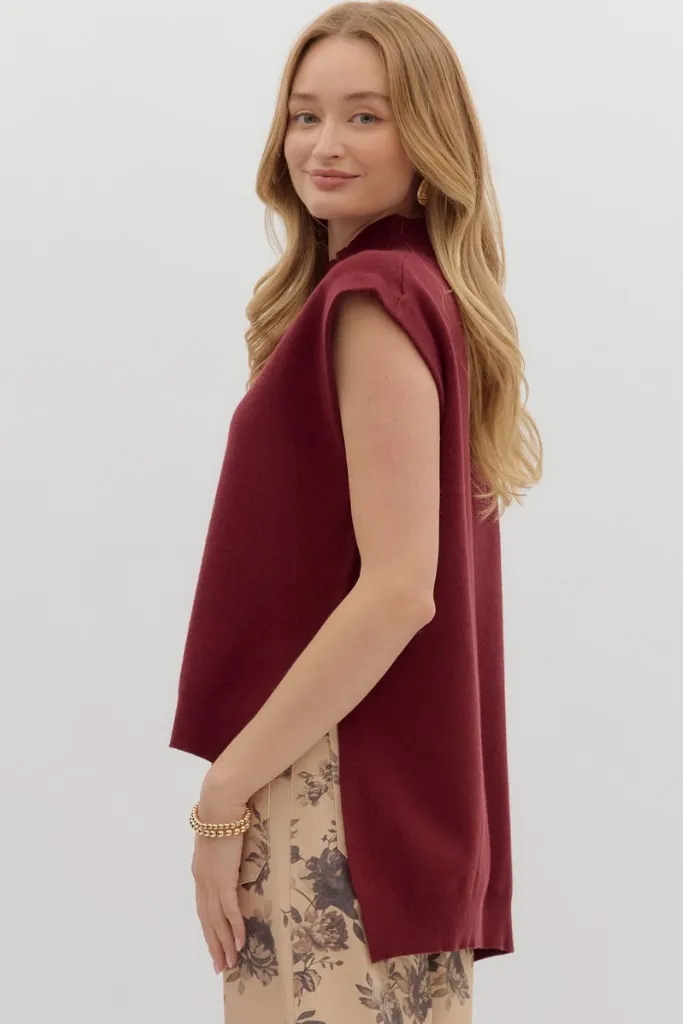 Cleo Sleeveless Mock Neck Sweater in Burgandy Breathable3DKnit Button Down Collar Style