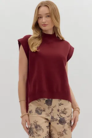 GarmentWashedFinish ButtonDownCollar Cleo Sleeveless Mock Neck Sweater in Burgandy