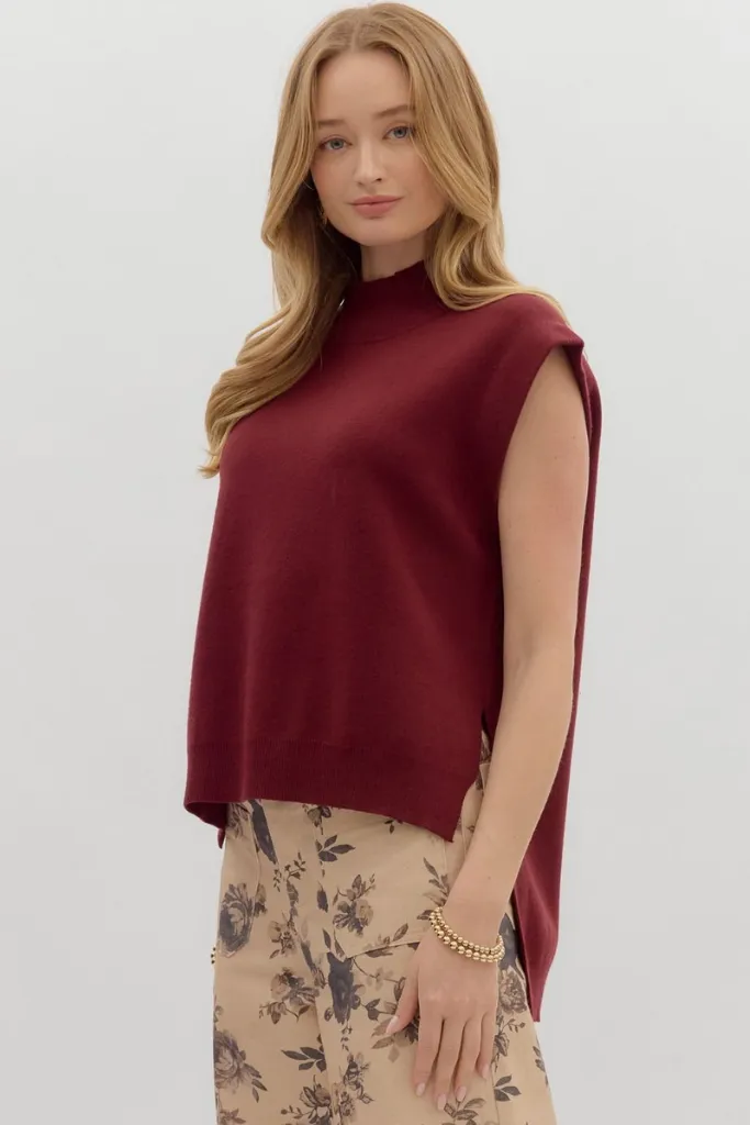 YarnDye Technique Cleo Sleeveless Mock Neck Sweater in Burgandy