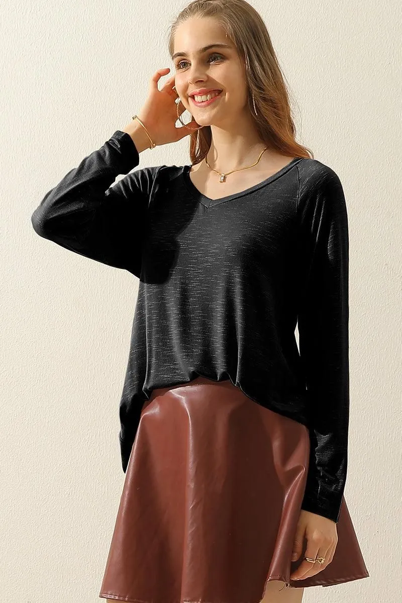 V NECK FLARE FLOUNCE LONG SLEEVE SLUB TUNIC TOP Simple Dress HighStrength Threadwork