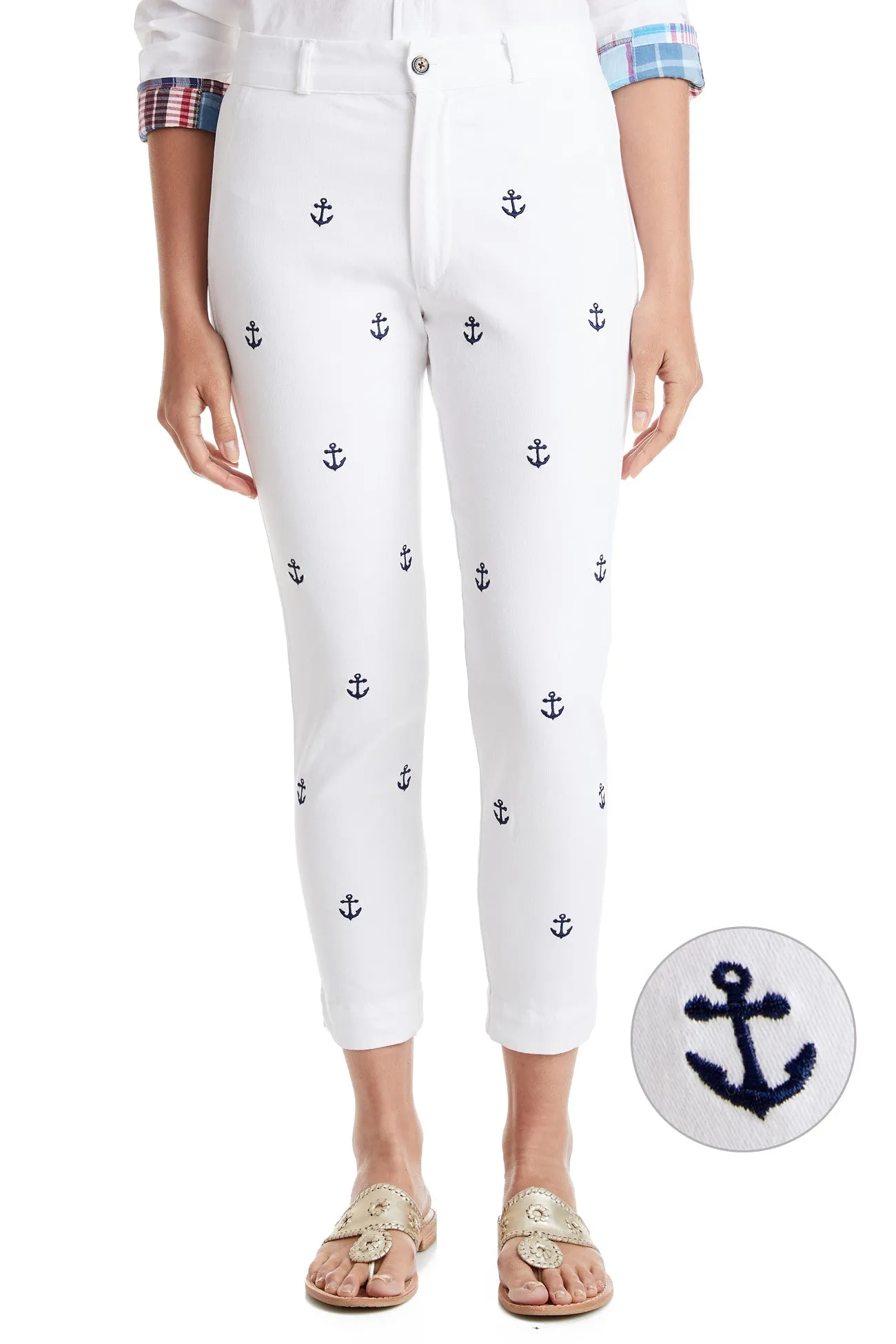 Customizable length Stylish Cut Ankle Capri Stretch Twill White with Anchor