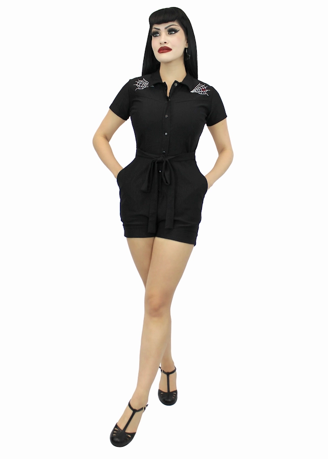 Picnic Slim Stretchy Spiderweb Black Romper With Belt #E-SWBR