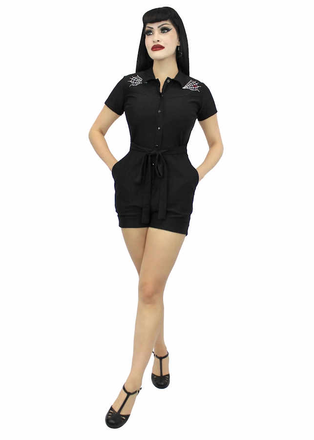 Dynamic Simple Stretchy Spiderweb Black Romper With Belt #E-SWBR