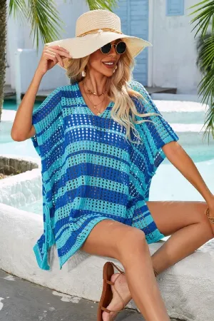 Quick Drain Vents STRIPE PATTERNED HOLLOW KNIT SWIMWEAR COVER UP