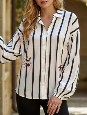 Stripe Sleeve Shirt with Stand Collar and Long Sleeves Comfortable Cut Breathable Material